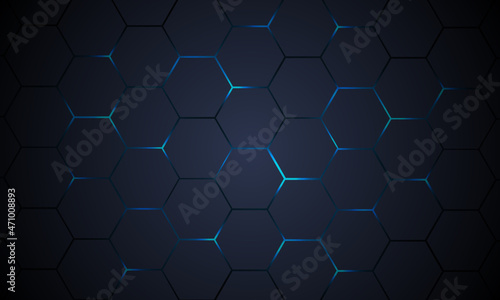Dark gray hexagonal technology vector abstract background. Blue bright energy flashes under hexagon in modern technology futuristic background vector illustration. Dark gray honeycomb texture grid. photo