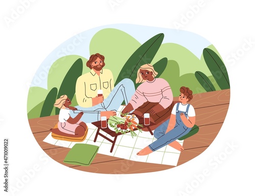 Family picnic with healthy food. Mother, father and children eating vegetables outdoors. Parents and kids together on summer holidays. Colored flat vector illustration isolated on white background