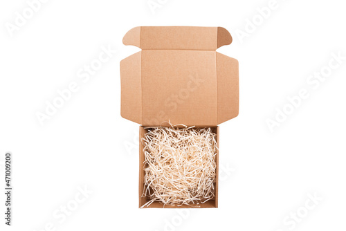 Brown carton, cardboard box with filler isolate
