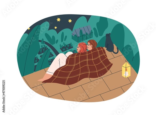 Love couple sitting on roof top. Romantic man and woman under plaid look at night sky with stars on rooftop of country house on summer holidays. Flat vector illustration isolated on white background