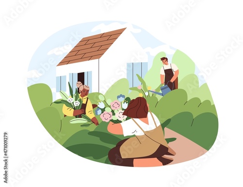 Family work in garden, home backyard. People gardeners growing, caring and watering flowers and green plants outdoors on summer holidays. Village lifestyle. Flat vector illustration isolated on white