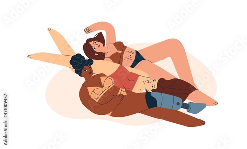Diverse women, multiracial models in bikini. Disabled person with prosthesis inclusion and body-positivity concept. Different females portrait. Flat vector illustration isolated on white background