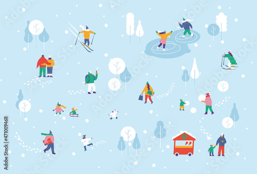 Crowd of happy people in warm clothes in winter park. Winter outdoor activities background - skating, skiing, throwing snowballs, building snowman. Flat Vector design, fully editable. 