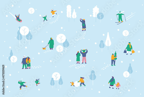 Crowd of happy people in warm clothes in winter park. Winter outdoor activities background - skating, skiing, throwing snowballs, building snowman. Flat Vector design, fully editable. 