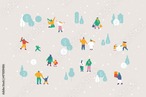 Crowd of happy people in warm clothes in winter park. Winter outdoor activities background - skating, skiing, throwing snowballs, building snowman. Flat Vector design, fully editable. 
