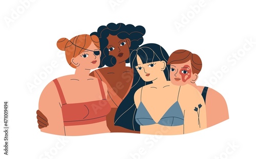 Inclusion and body-positivity concept. Diverse women portrait. Different international models with disabilities, birthmarks. Multiracial females. Flat vector illustration isolated on white background
