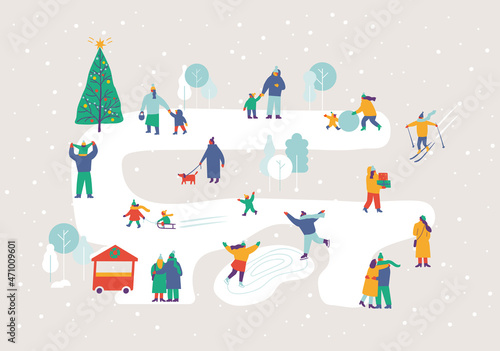 Happy people in warm clothes in snowy winter park. Background people. Winter outdoor activities - skating, skiing, throwing snowballs, building snowman. Flat  Vector people set. Files fully editable. 