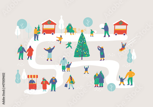 Happy people in warm clothes in snowy winter park. Background people. Winter outdoor activities - skating, skiing, throwing snowballs, building snowman. Flat  Vector people set. Files fully editable. 