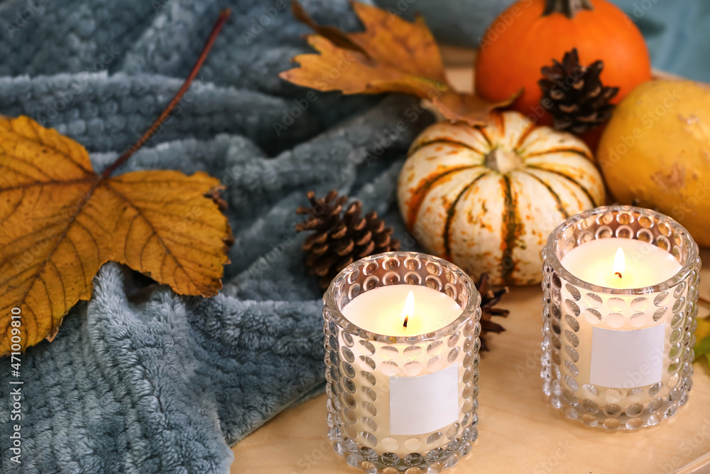 Burning candles in holders and autumn decor on sofa Burning candles in holders and autumn decor on sofa