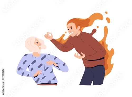 Angry people quarreling. Conflict between aggressive women in anger and rage. Fight of annoyed irritated characters shouting and screaming. Flat vector illustration isolated on white background