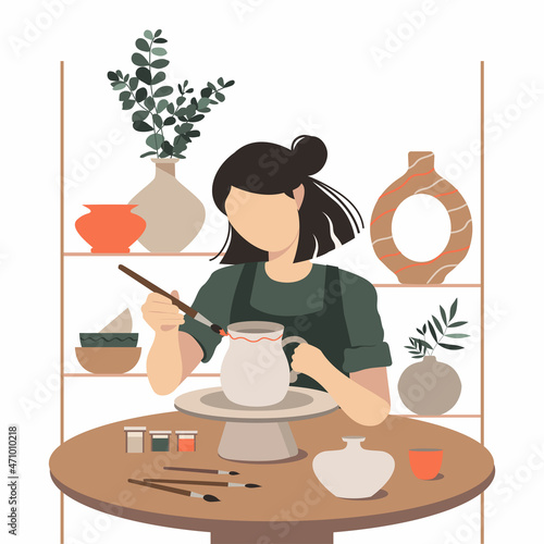 Woman decorating pot working at ceramic studio. She  creative hobby at pottery workshop. Ceramist person painting handmade crockery use brush. Vector  illustration.