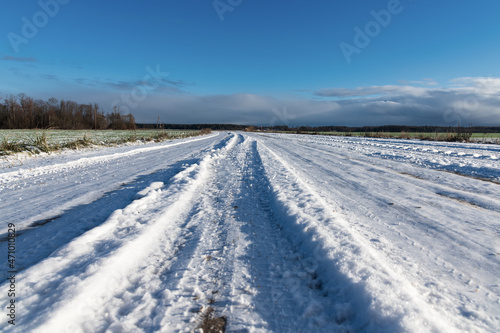 Snowy country road in sunny day.