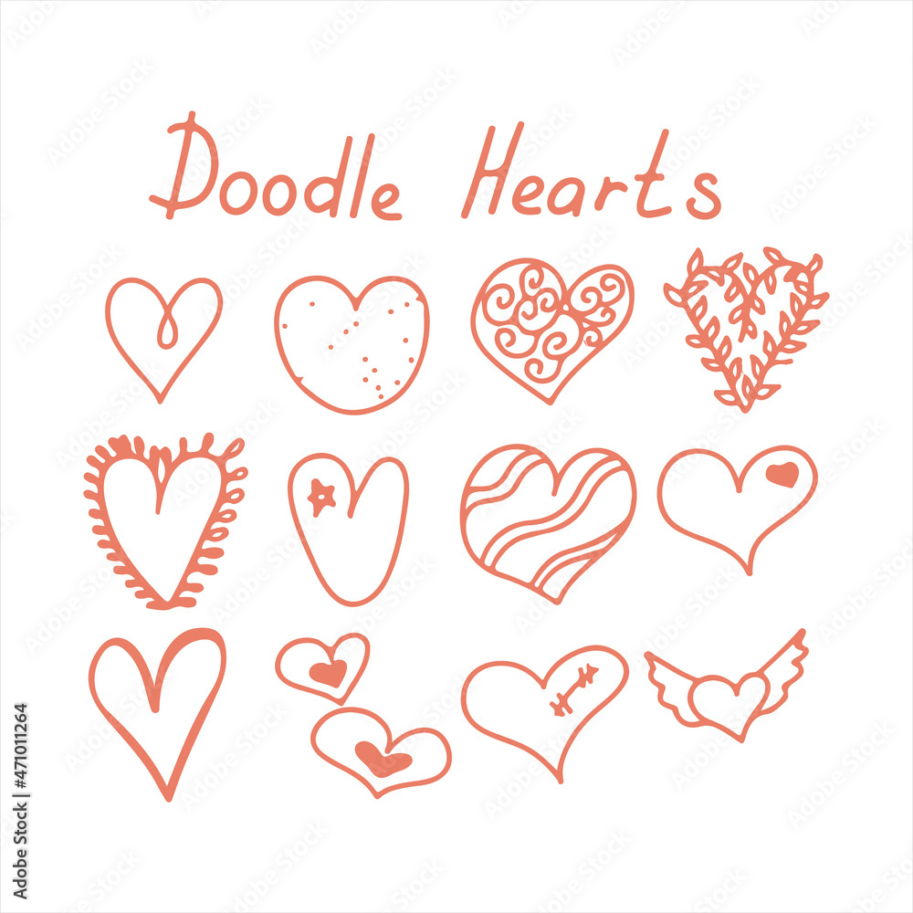 Vector doodle hearts Speech hand drawn bubbles set. Talk clouds sketching illustration.