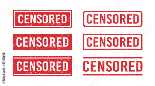 Grunge red censored word rubber stamp. Censor control security sign sticker set. Grunge vintage square label. Vector illustration on white background.
