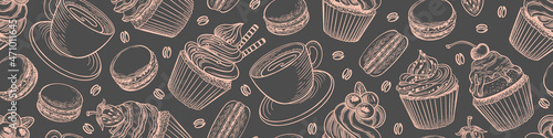 Seamless horizontal border with desserts and coffee. Confectionery background. Vector illustration.