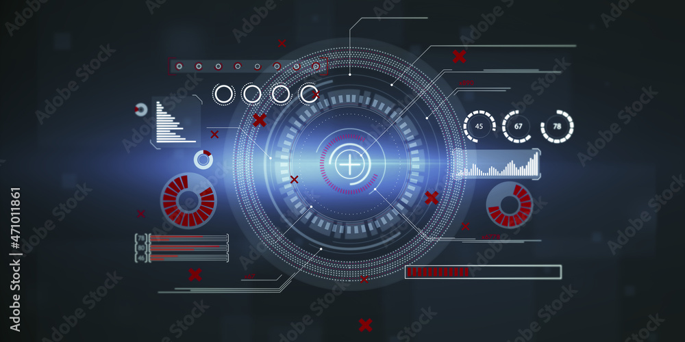 Abstract round interface with red cross on dark wallpaper. Hud, future, safety and cyber attack concept. 3D Rendering. Abstract round interface with red cross on dark wallpaper. Hud, future, safety and cyber attack concept. 3D Rendering.