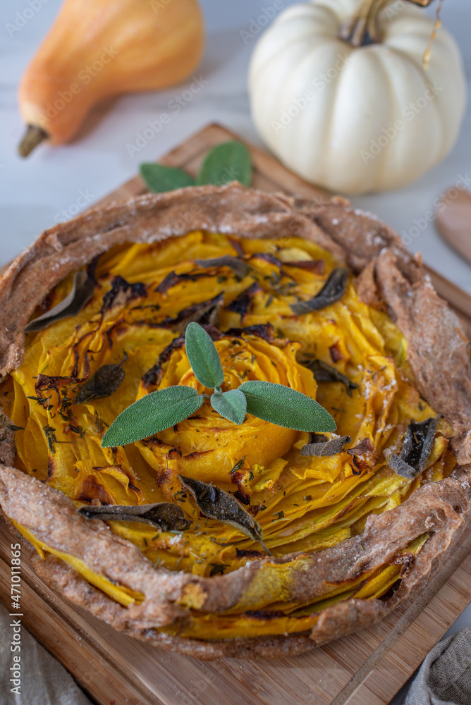 Fototapeta premium home made pumpkin quiche lorraine on a table