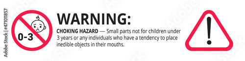 Choking hazard forbidden sign sticker not suitable for children under 3 years isolated on white background vector illustration. Warning triangle, sharp edges and small parts danger.
