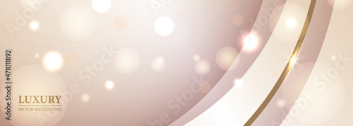 Abstract realistic luxury elegant festive wide banner, beige and rose background with gold line and bokeh light effect. Vector illustration