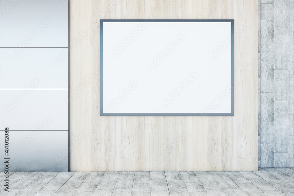 Abstract wooden interior with empty white mock up frame on concrete tile wall and floor. Exhibition concept. 3D Rendering.