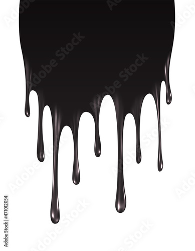 Realistic black paint drips isolated on a white background. The flowing black liquid. Dripping paint. Vector illustration