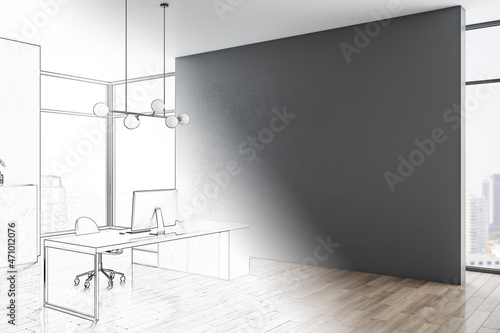 Modern sketch of concrete office interior with empty mock up place on wall, wooden flooring, panoramic bright city view, desk with computer and other pieces of furniture. 3D Rendering.