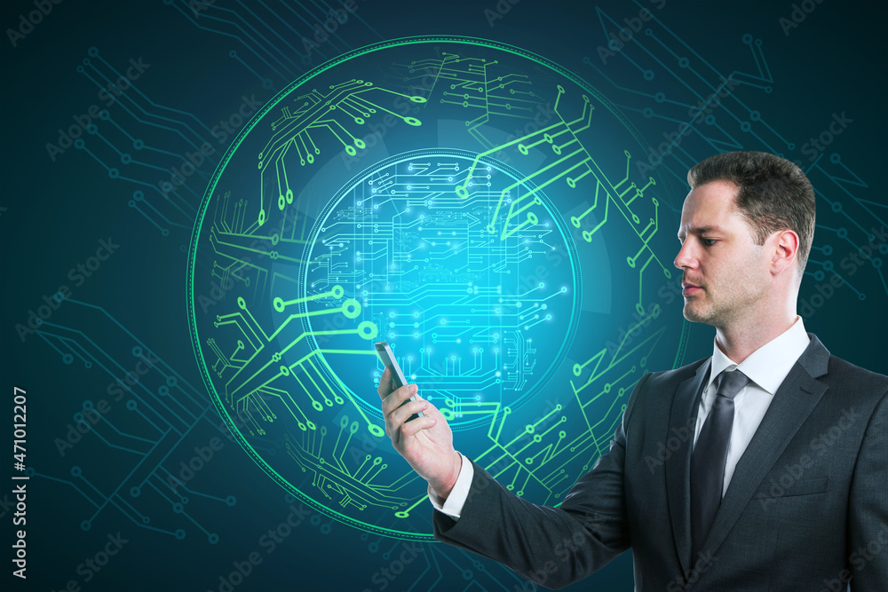 Attractive young european businessman using smartphone with abstract glowing digital circuit sphere on blue background. Hardware, technology and innovation concept. Attractive young european businessman using smartphone with abstract glowing digital circuit sphere on blue background. Hardware, technology and innovation concept.