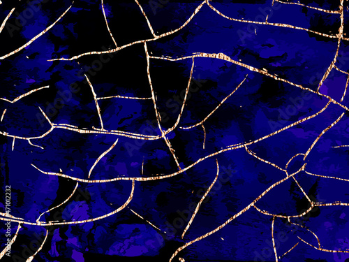 Blue marble and gold abstract background texture. Indigo, blue marbling with natural luxury style lines of marble and gold powder. Vector