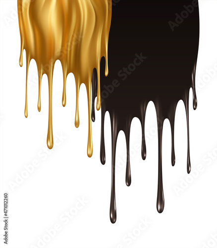 Realistic gold and black paint drips isolated on a white background. Dripping, flowing black and gold paint. Golden Fluid Flow. Vector illustration