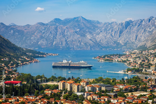 View to Kotor Bay with cruise ship from above.