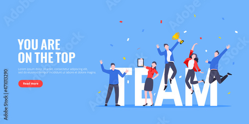 Happy business team employee team winners award ceremony flat style design vector illustration. Employee recognition and best worker competition award team celebrating victory winner business concept.