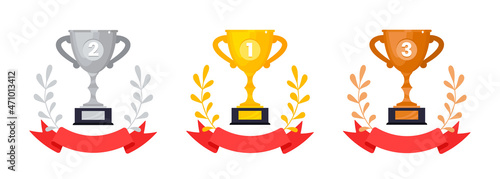 Gold, silver and bronze award trophy goblet cup set with wreath leaves icon sign flat style design vector illustration isolated on white background.