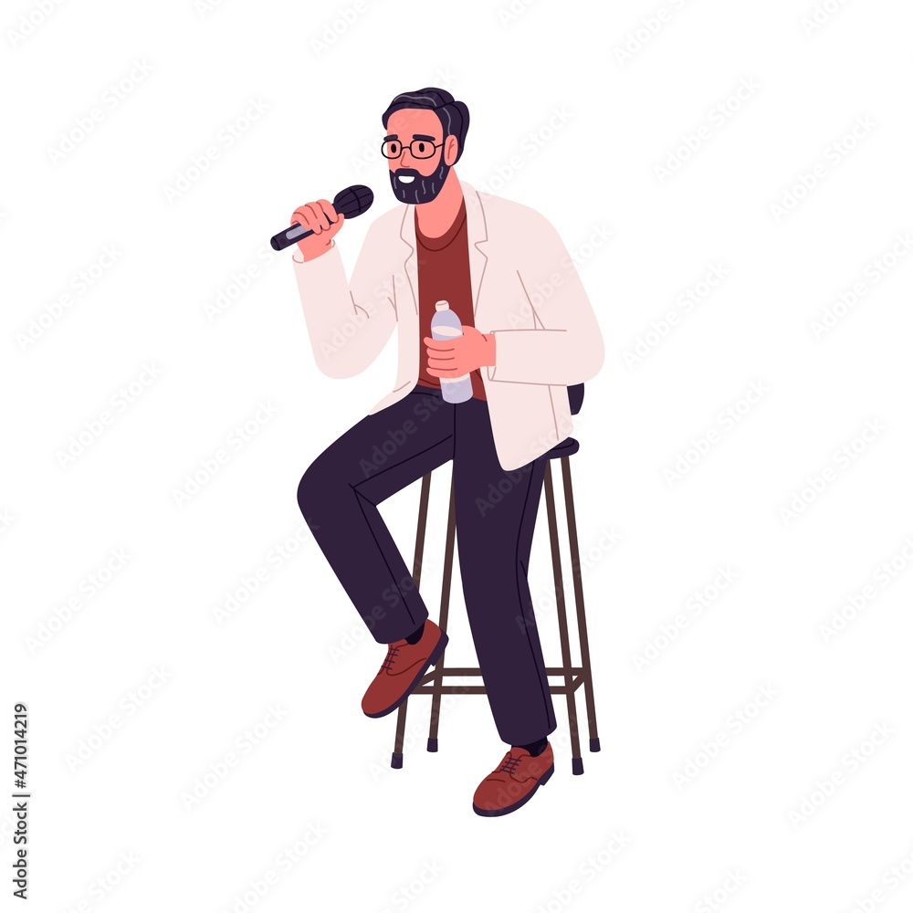 Stand-up comedian with microphone performing his comedy. Standup comic with mike telling jokes at open mic show. Live performer sitting on stool. Flat vector illustration isolated on white background Stand-up comedian with microphone performing his comedy. Standup comic with mike telling jokes at open mic show. Live performer sitting on stool. Flat vector illustration isolated on white background