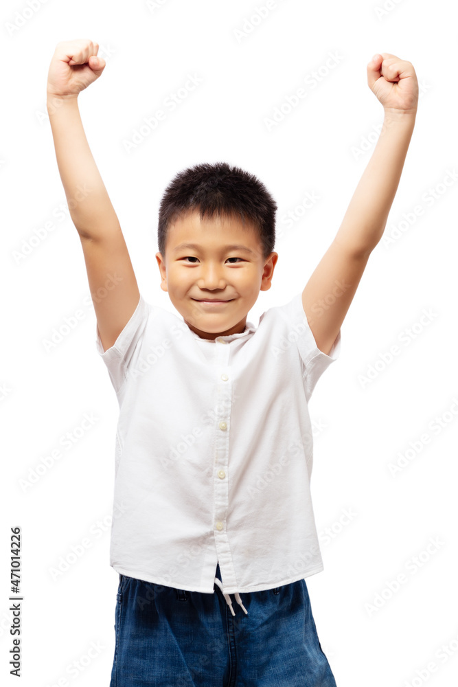 Happy healthy kid with hands up wearing white shirt Happy healthy kid with hands up wearing white shirt