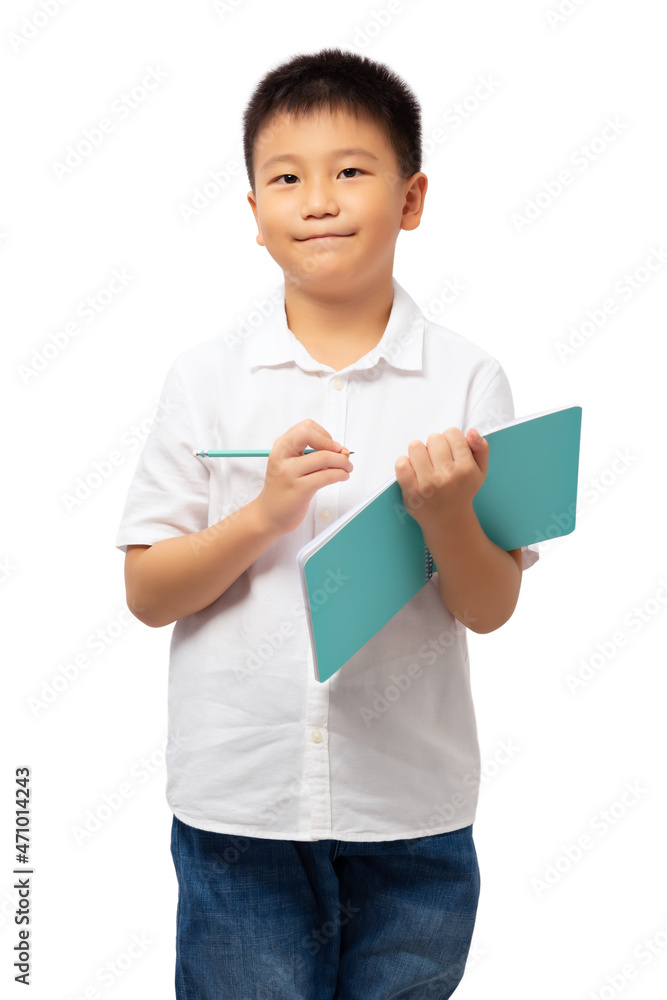 Kid holding notebook with pencil isolated on white Kid holding notebook with pencil isolated on white