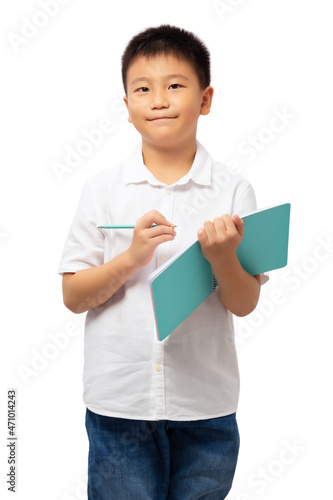 Kid holding notebook with pencil isolated on white