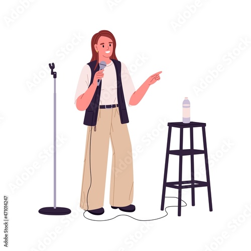 Woman comedian performing standup comedy, standing with microphone. Female comic with mike telling jokes and fun stories. Open mic performer. Flat vector illustration isolated on white background