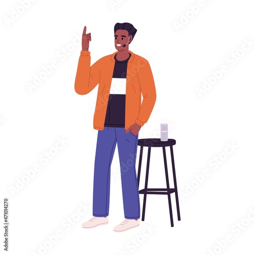 Comedian with microphone perform stand-up comedy. African-American comic with headset mic tell jokes at open mike standup show. Black man speaker. Flat vector illustration isolated on white background