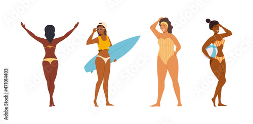 Multiracial woman in swimsuits different figure types carrying surfboard and air ball set