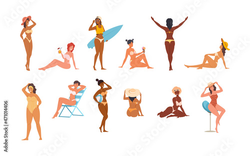 Happy diverse relaxed woman resting on beach wearing swimsuit set. Smiling female in bikini sunbathe