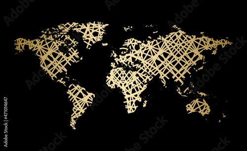 silhouette of abstract golden colored world map on black background - vector