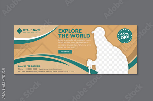 Travel tours banner template, horizontal advertising business banners layout template flat design, abstract cover header background for website design. Space for photo. combination brown and green.
