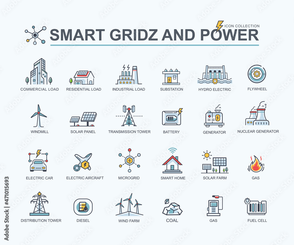Smart grid web icon for sustainable energy and Industrial, solar power, thermal, hydroelectric, electric vehicle, smart home and wind power. Minimal vector. Smart grid web icon for sustainable energy and Industrial, solar power, thermal, hydroelectric, electric vehicle, smart home and wind power. Minimal vector.