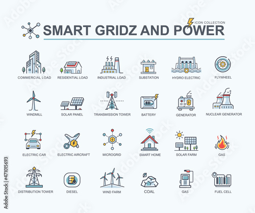 Smart grid web icon for sustainable energy and Industrial,  solar power, thermal, hydroelectric, electric vehicle, smart home and wind power. Minimal vector.