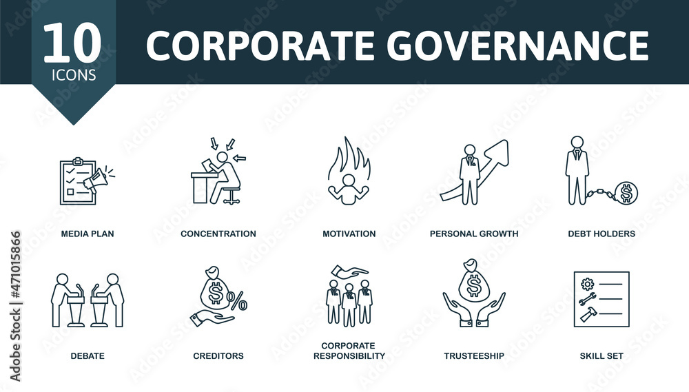 Corporate Governance icon set. Collection of simple elements such as the leadership, publicity, media plan, concentration, personal growth, debate, corporate responsibility.