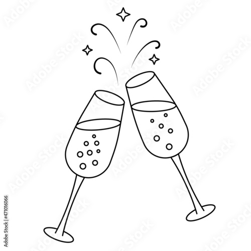 Toast. Glasses of champagne clink each other. Sketch. Crystal glass clinking. Vector illustration. A container with sparkling wine. Magic bubbles. Outlines on an isolated white background. 