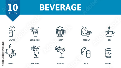 Beverage icon set. Collection of simple elements such as the water, lemonade, beer, tequila, milk, cocktail, whiskey.