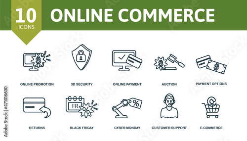 Online Commerce icon set. Collection of simple elements such as the coupon, cargo, online promotion, 3d security, auction, returns, cyber monday.