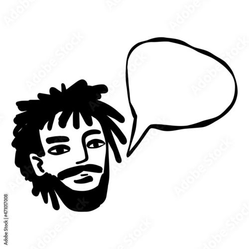 Contemporary African American manifesting man art portrait, line art guy's face with a speech bubble.