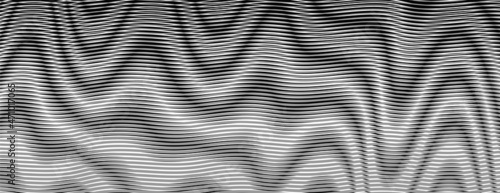 Black and white abstract wave striped banner with optical illusion and deformation effect. Modern background saver for web design, business card, mobile apps, poster, site banner, package.